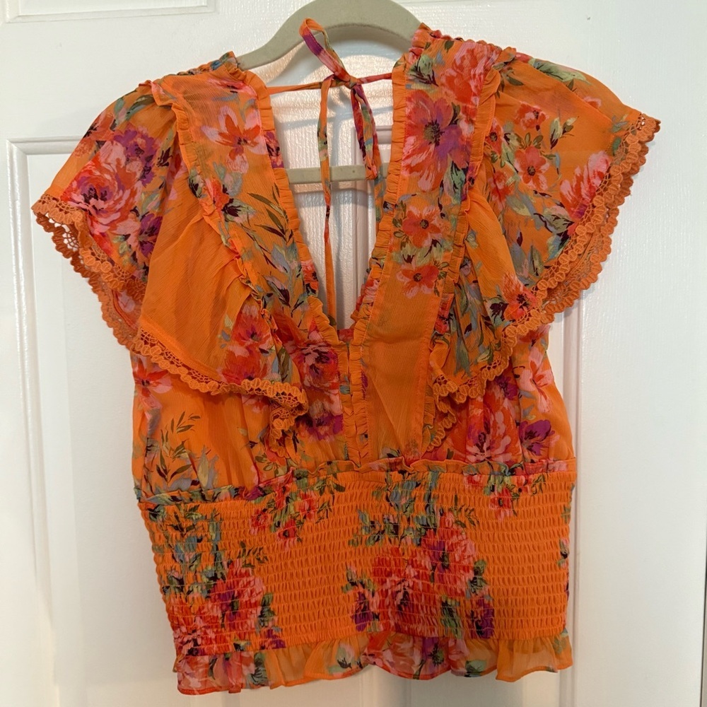 Floral Orange Ruffle Top - Picture 2 of 4